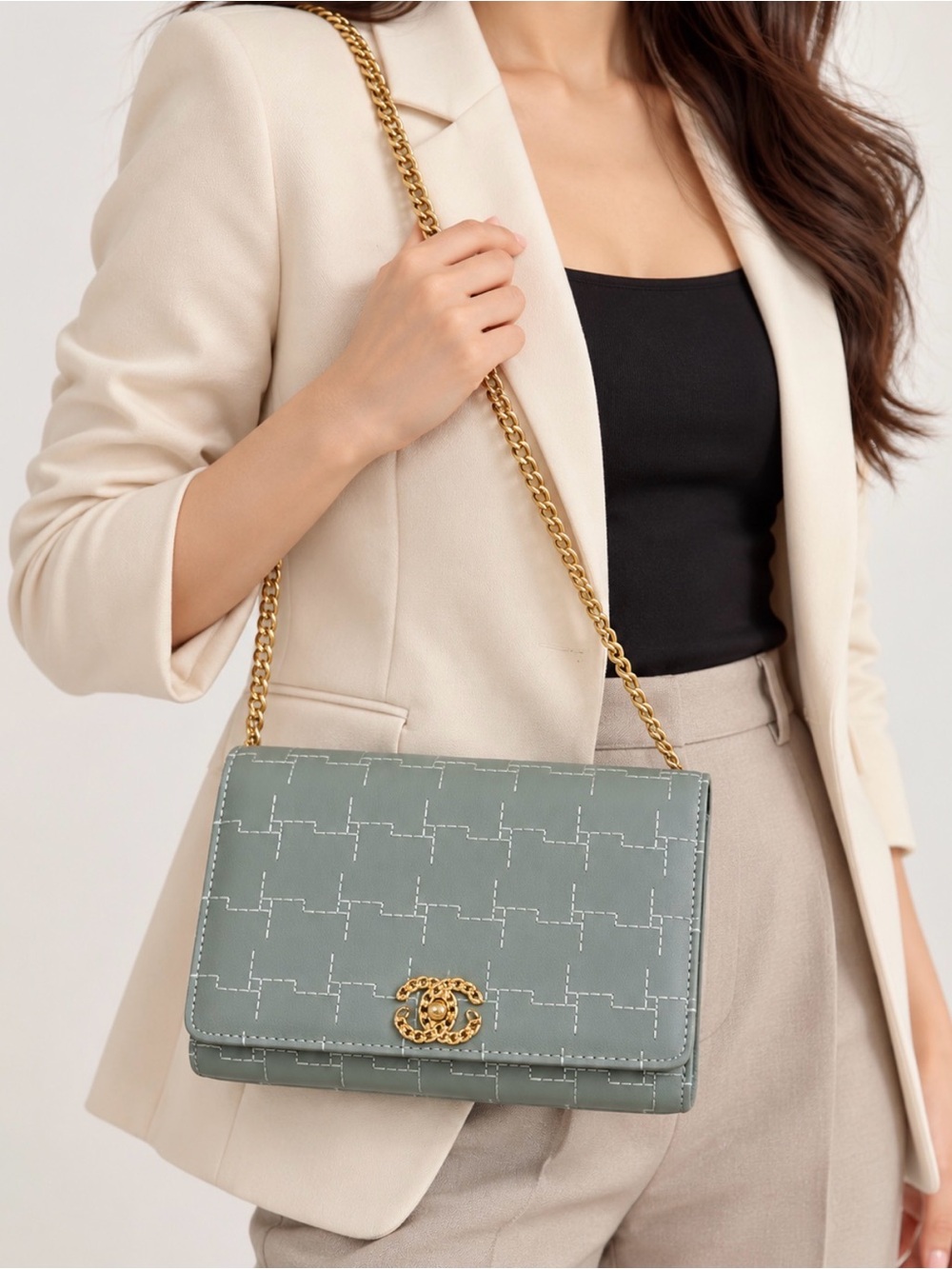 Chain-Handle Crossbody Bag in Sage Green with Gold Hardware